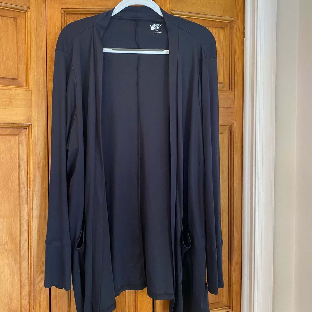 Lands End Open Front Cardigan Size 3X Navy Blue Long Sleeve Pockets